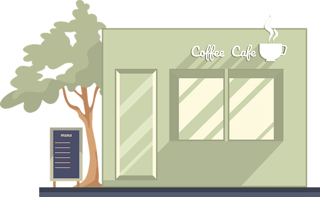 Dibujo minimalista de una cafetería, destacando su fachada verdey un ambiente acogedor